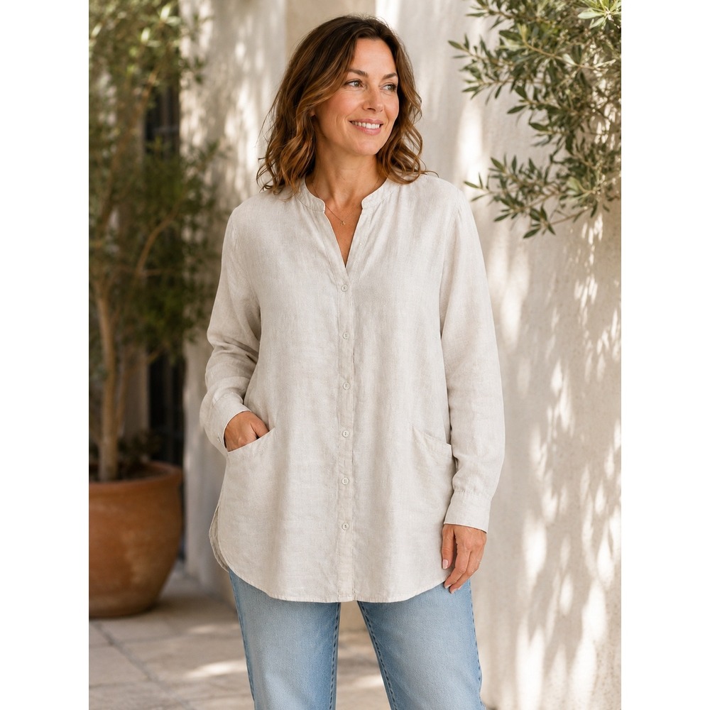 Sigrid Olsen Natural Linen Tunic Women's Medium Button Front Pockets Lagenlook